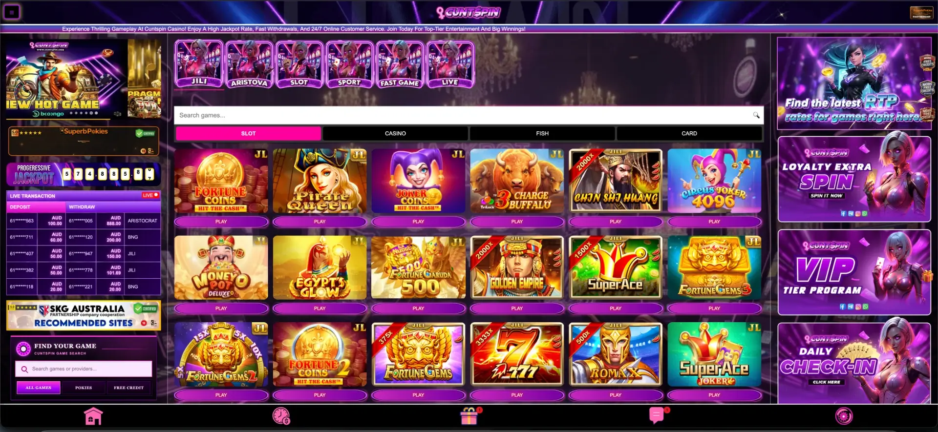 Cuntspin pokies lobby with JILI games, progressive jackpot and live transactions