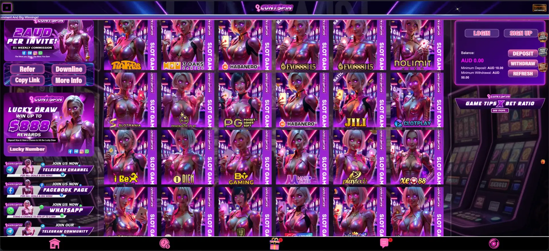Cuntspin casino lobby with game provider tiles and AUD wallet panel