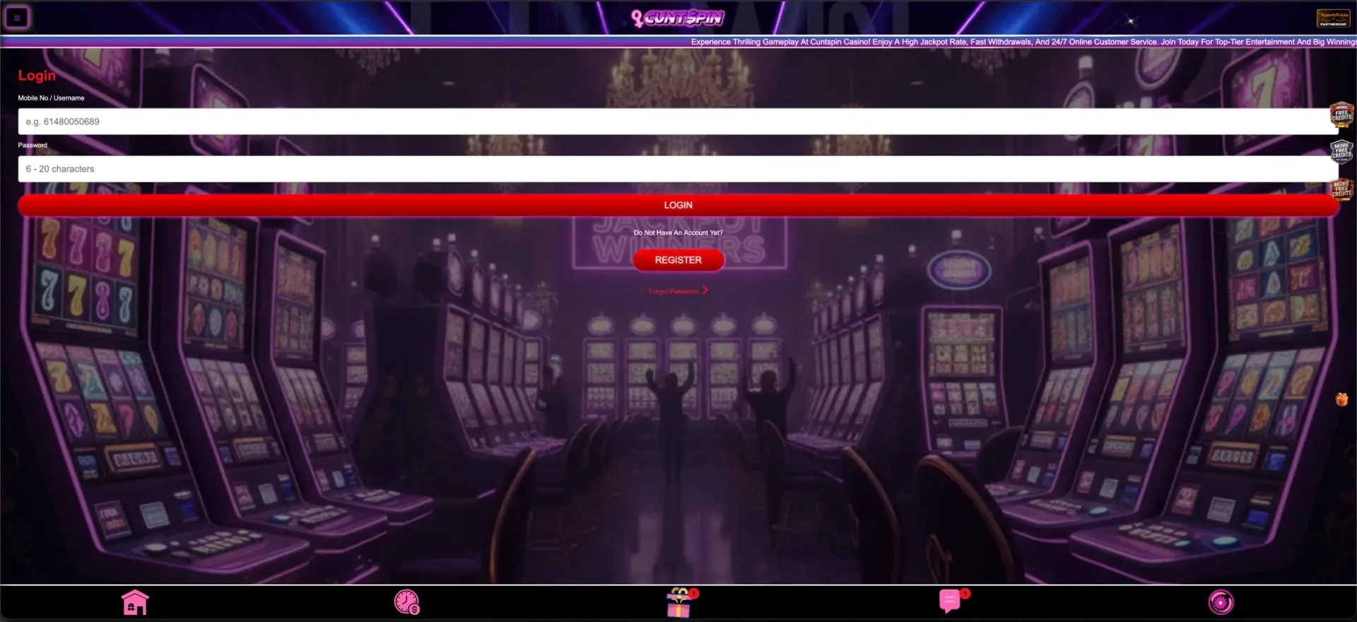 Cuntspin login form with mobile number or username and password fields