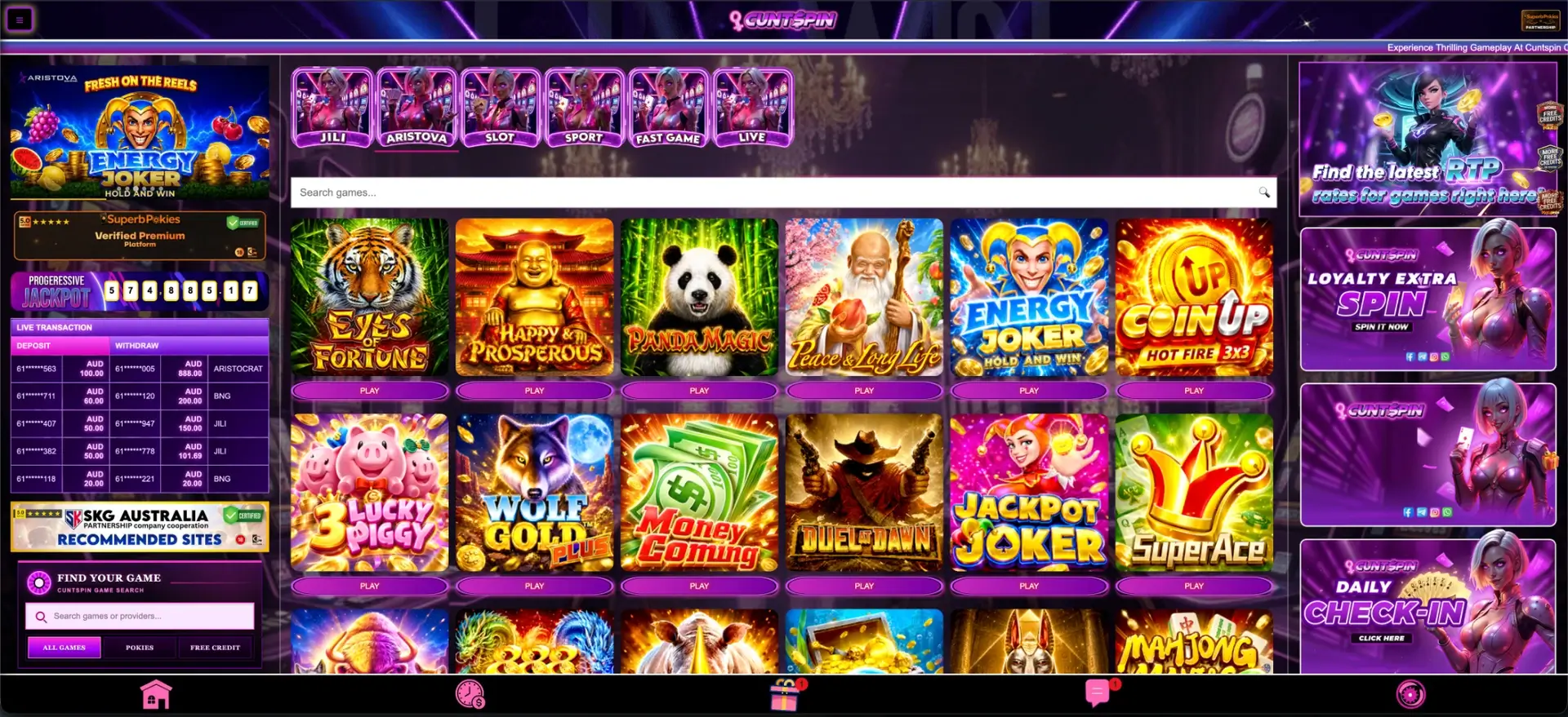 Cuntspin slot game selection