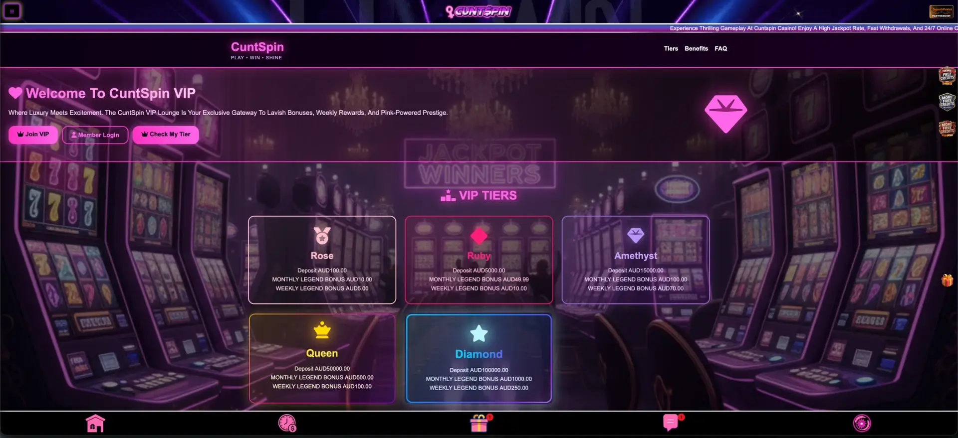 Cuntspin VIP tiers Rose, Ruby, Amethyst, Queen and Diamond with AUD bonuses